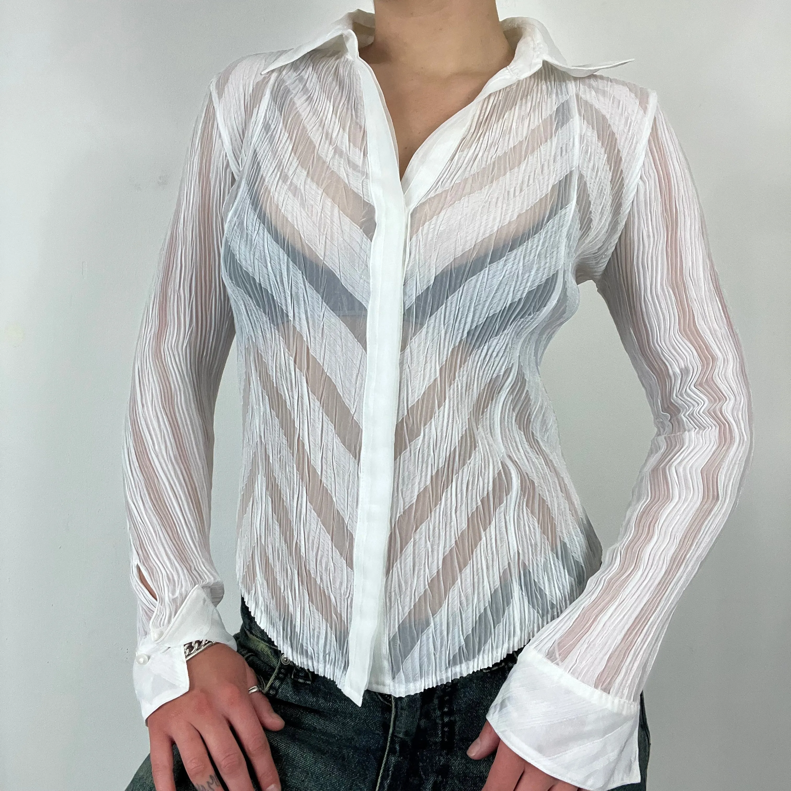 90s white mesh striped shirt - Size Small