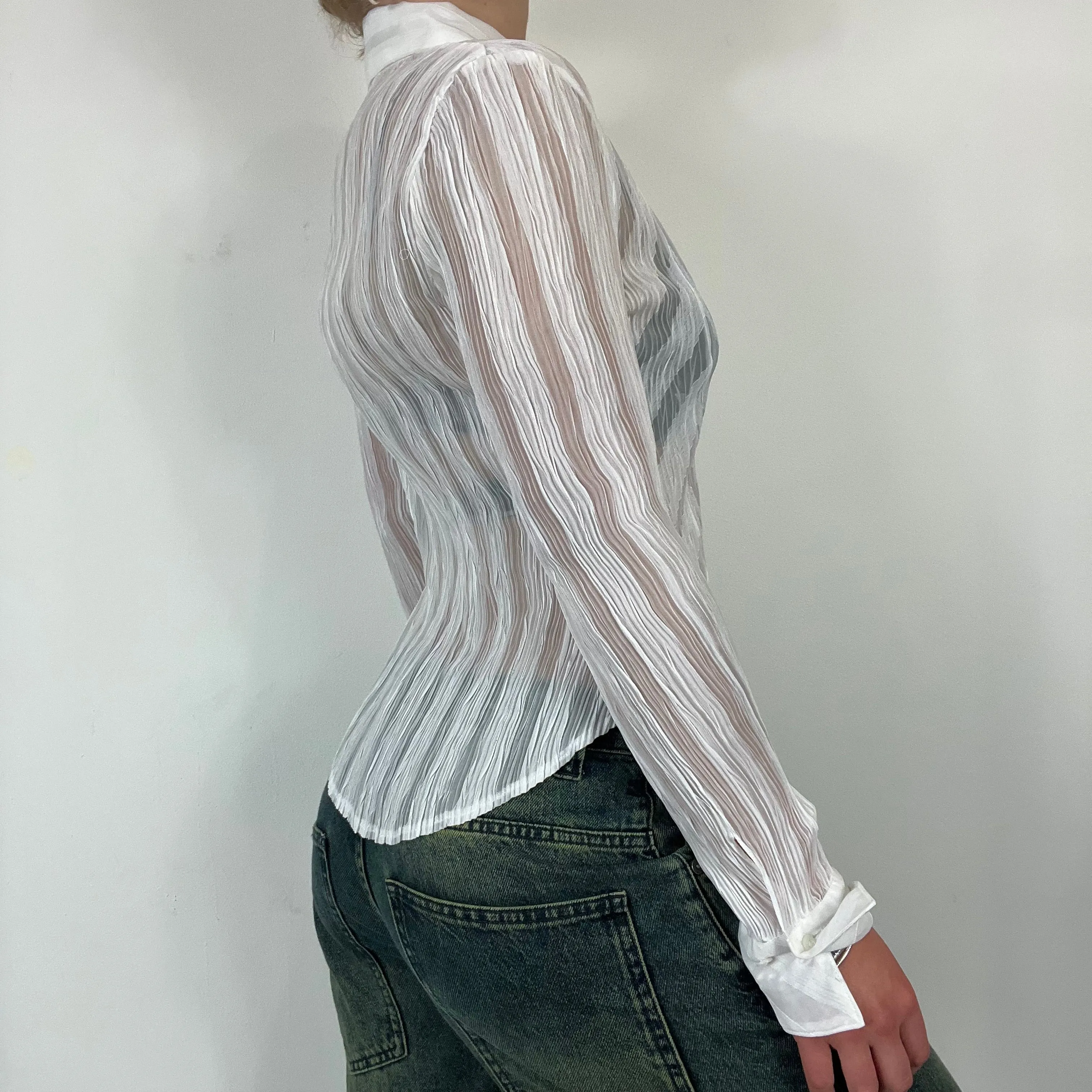 90s white mesh striped shirt - Size Small