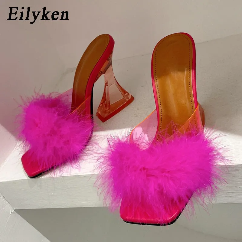 Aomzae Woman Feather Transparent Strange High heels Fur Slippers Sandals Women Peep toe Mules Lady Pumps Slides size 35-41