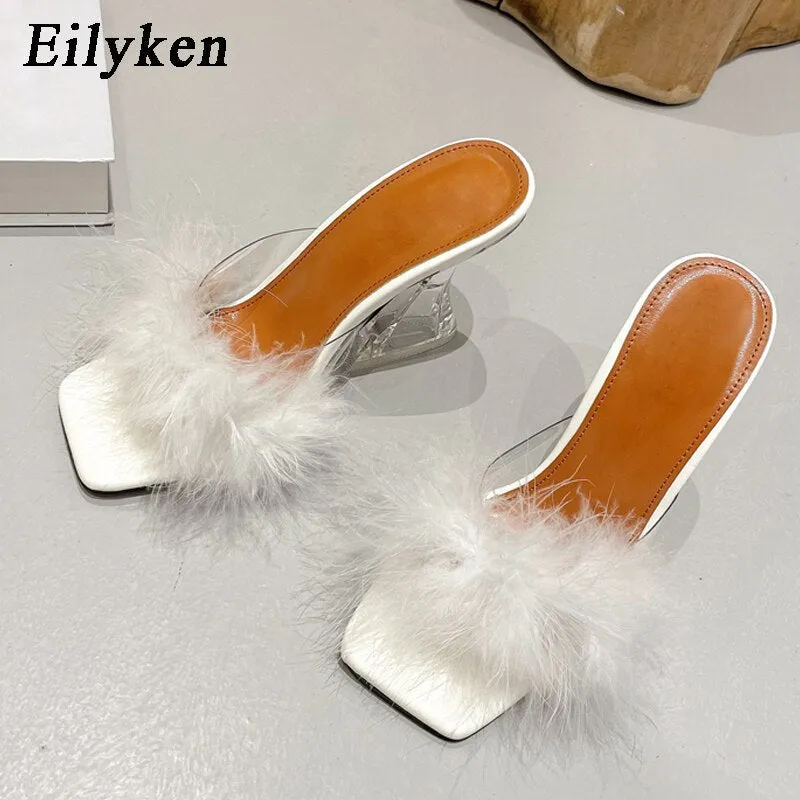 Aomzae Woman Feather Transparent Strange High heels Fur Slippers Sandals Women Peep toe Mules Lady Pumps Slides size 35-41