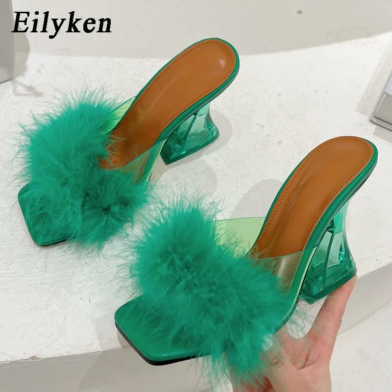 Aomzae Woman Feather Transparent Strange High heels Fur Slippers Sandals Women Peep toe Mules Lady Pumps Slides size 35-41