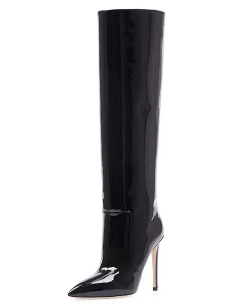 Autumn/Winter Knee-Length Women's Boots - High Heel, Pointed Toe, Patent Leather, Fashion Style, Large Sizes 43