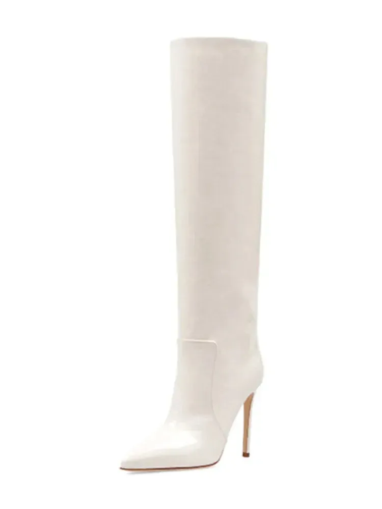Autumn/Winter Knee-Length Women's Boots - High Heel, Pointed Toe, Patent Leather, Fashion Style, Large Sizes 43