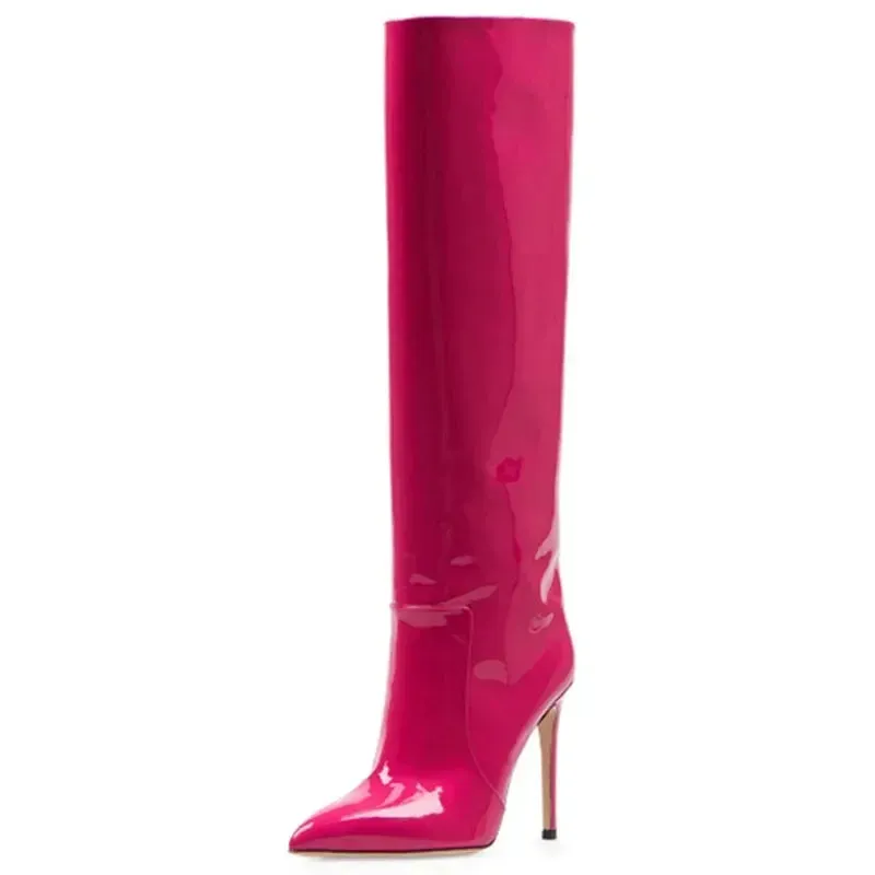 Autumn/Winter Knee-Length Women's Boots - High Heel, Pointed Toe, Patent Leather, Fashion Style, Large Sizes 43