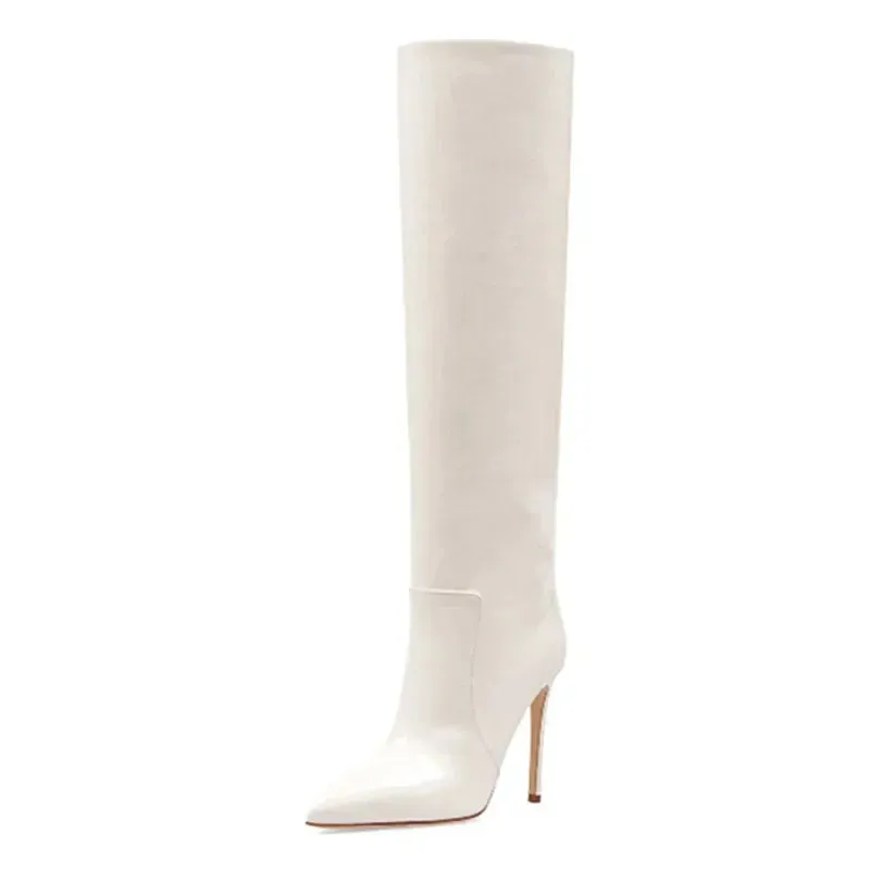 Autumn/Winter Knee-Length Women's Boots - High Heel, Pointed Toe, Patent Leather, Fashion Style, Large Sizes 43