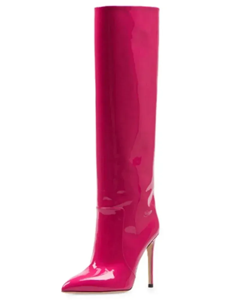 Autumn/Winter Knee-Length Women's Boots - High Heel, Pointed Toe, Patent Leather, Fashion Style, Large Sizes 43