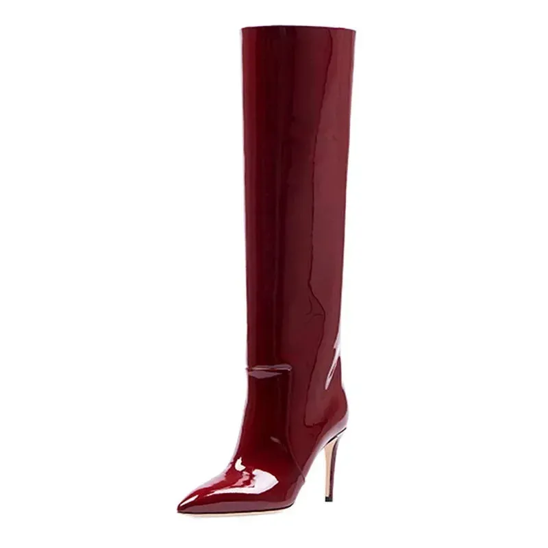 Autumn/Winter Knee-Length Women's Boots - High Heel, Pointed Toe, Patent Leather, Fashion Style, Large Sizes 43