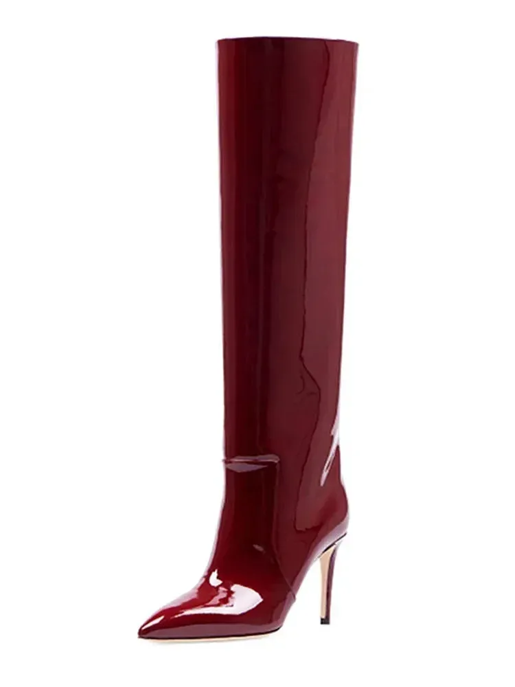 Autumn/Winter Knee-Length Women's Boots - High Heel, Pointed Toe, Patent Leather, Fashion Style, Large Sizes 43