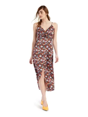 BAR III DRESSES Womens Twist Front Floral Spaghetti Strap Surplice Neckline Midi Party Faux Wrap Dress