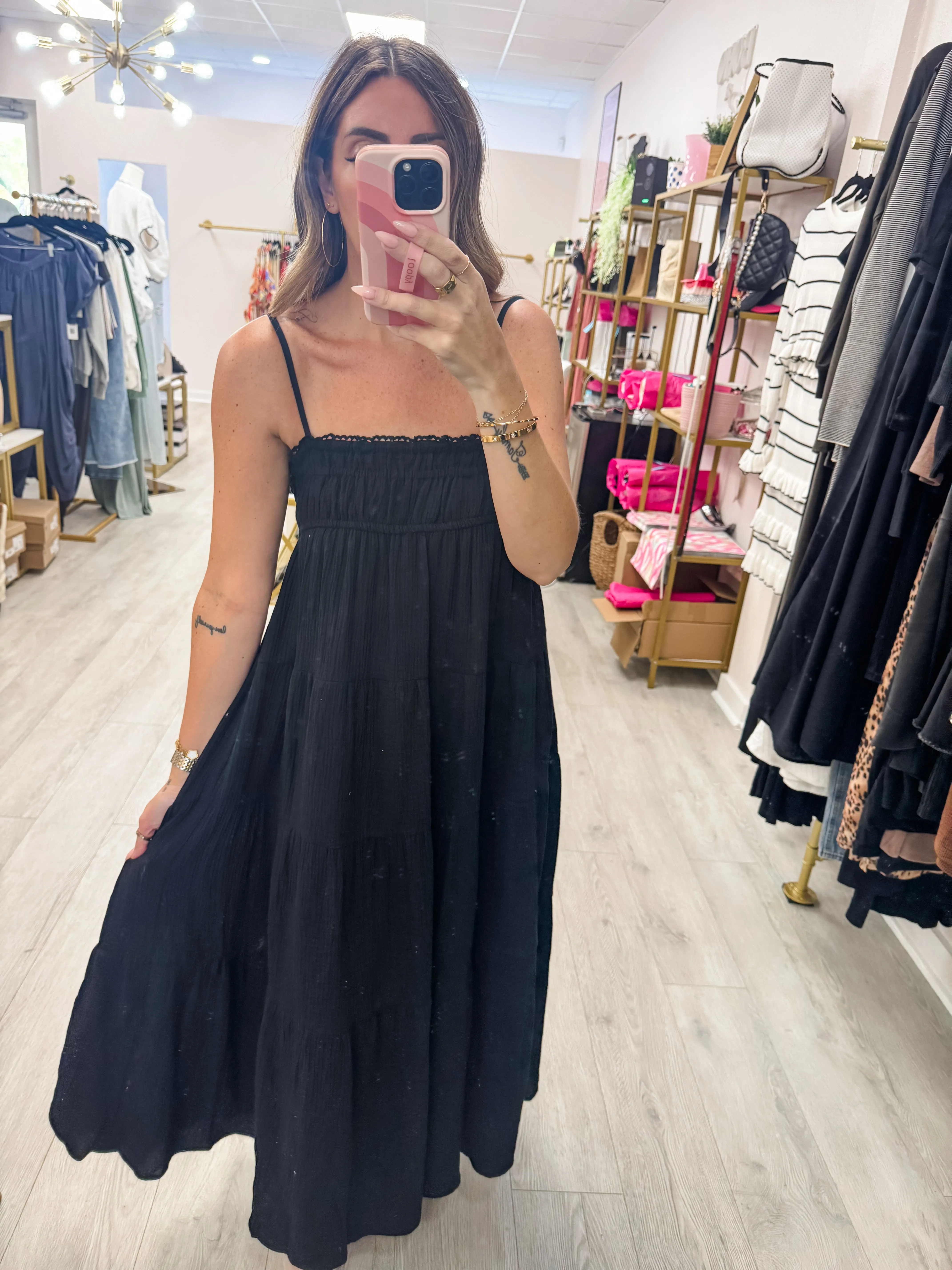 Black Empire Waist Tiered Maxi Dress