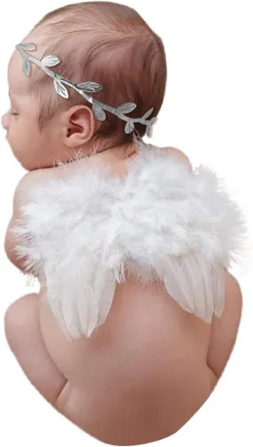 BLUETOP 2PCS White Baby Angel Wings with Headband, Newborn Photography Props Infant Angel Wings, Soft Feather Wings Small Newborn Photography Outfits Angel Fairy Wings, Baby Angel Costume 0-6 Months