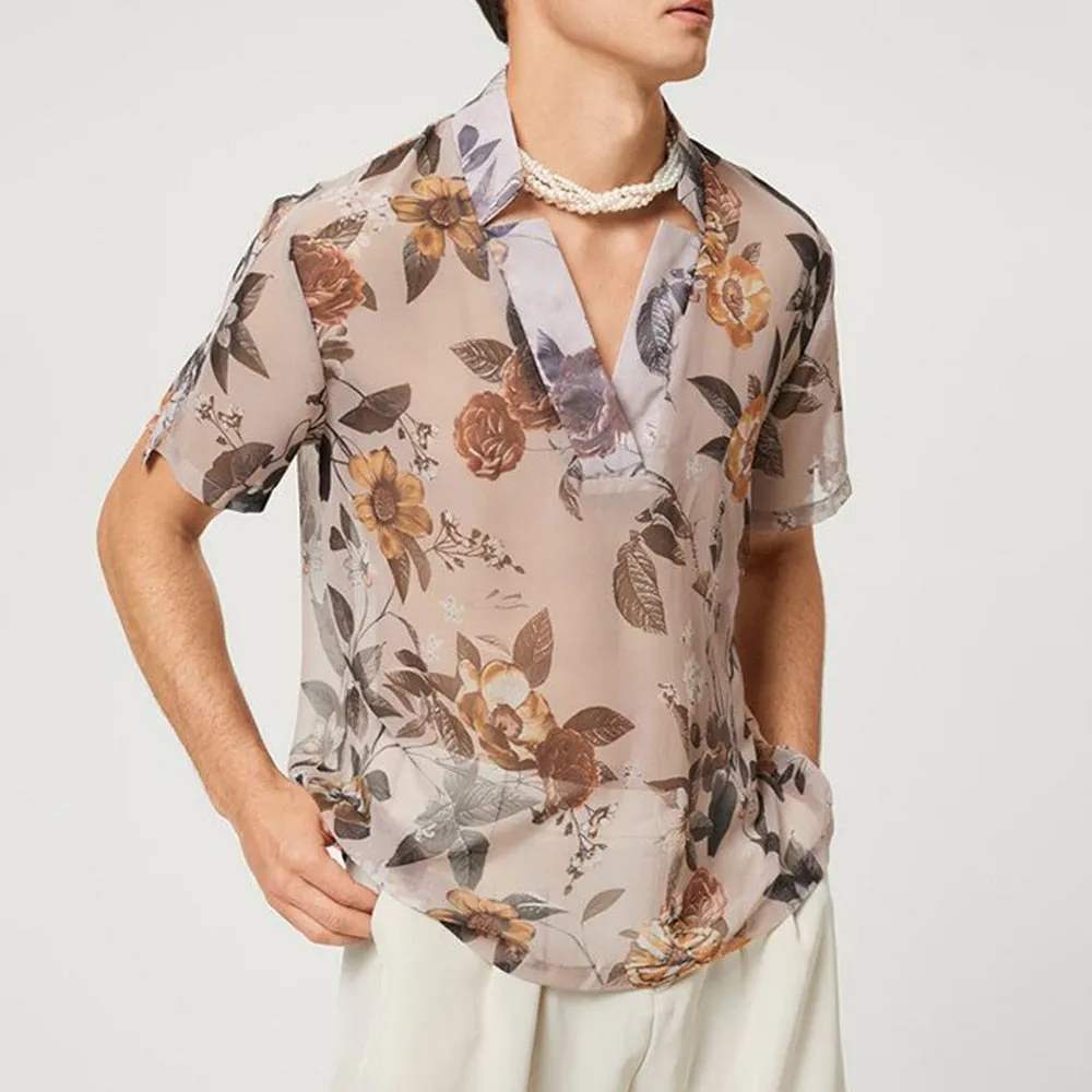 Bonsir Sexy See Through Tops Men's Trendy Fashion Mesh V-Neck T-Shirts See Through Club Party Clothing Floral Short Sleeve Tops Unisex