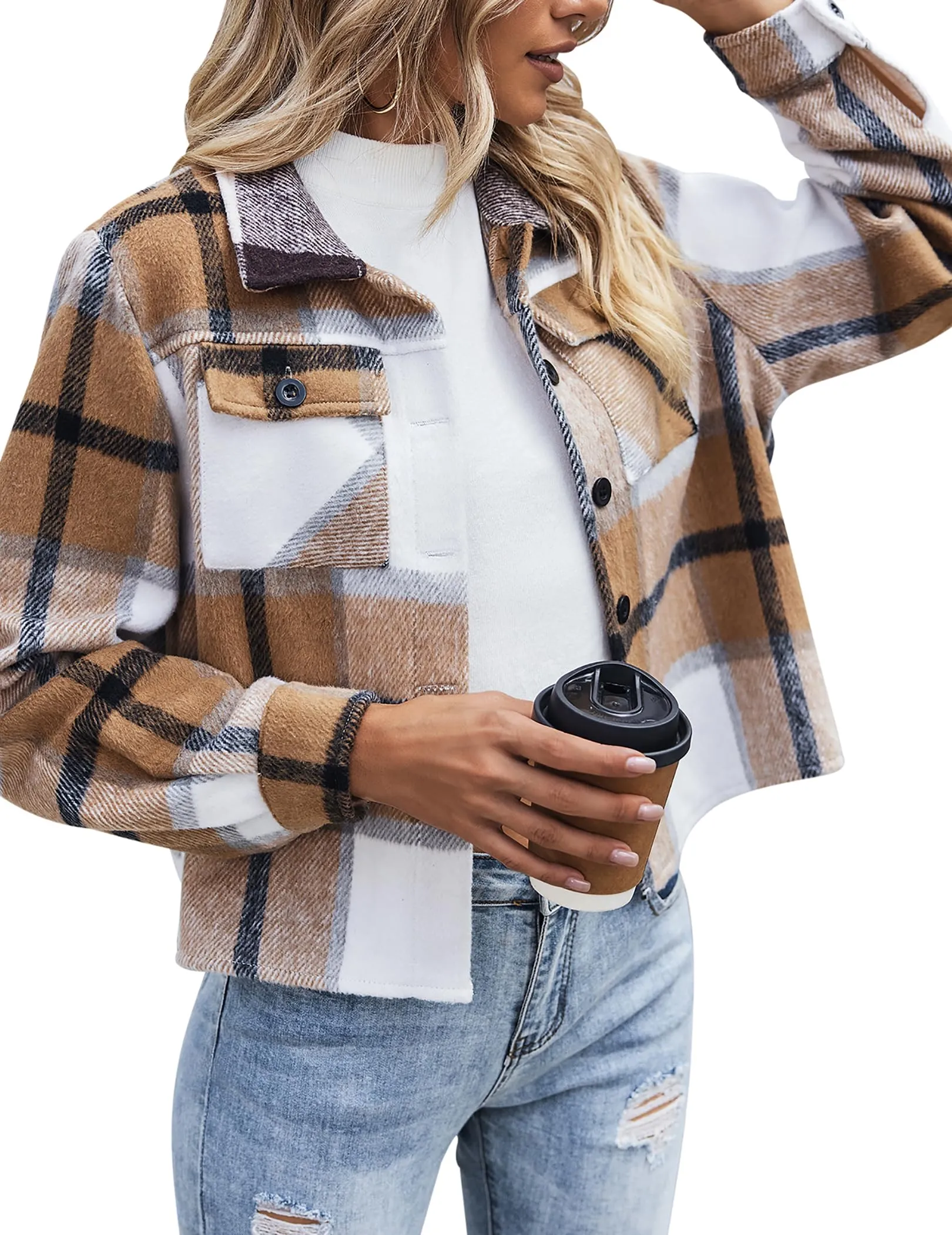 Brown Women Shacket Jacket Plaid Button Down Shirt Fall Coat - Zeagoo