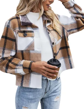 Brown Women Shacket Jacket Plaid Button Down Shirt Fall Coat - Zeagoo