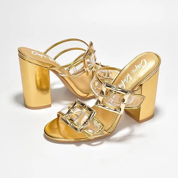 Cape Robbin Prunella Buckle Open Toe High Block Heels (Prunella)