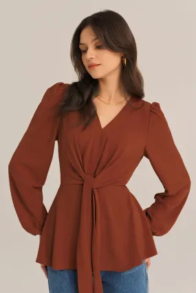 Casual Bow-Knot V-Neck Long Sleeve A-Line Tops - Brown
