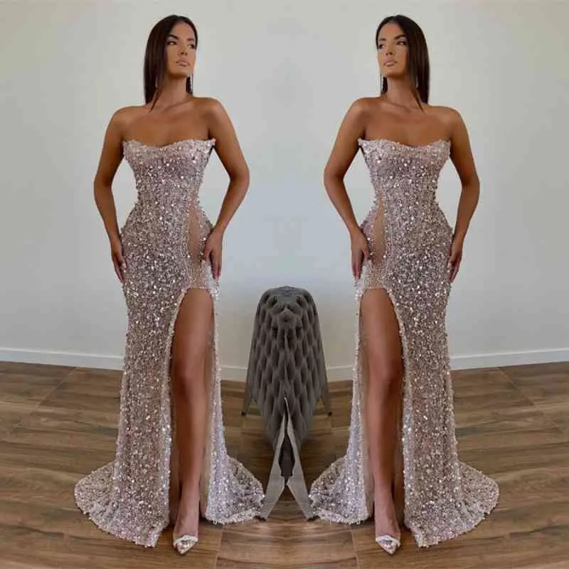 Chic Long Mermaid Sequined Floor Length Strapless Prom Dress with Front Slit