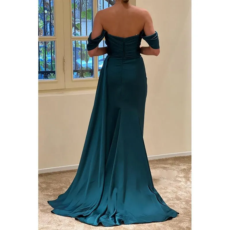 Chic Off-shoulder Beaded Pleats High Split Long Formal Evening Dress