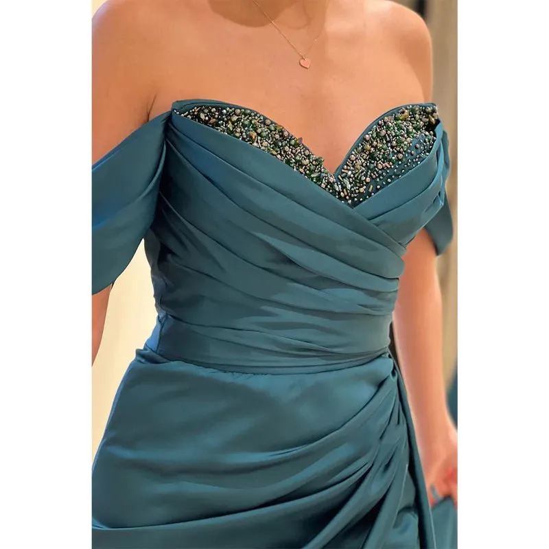 Chic Off-shoulder Beaded Pleats High Split Long Formal Evening Dress