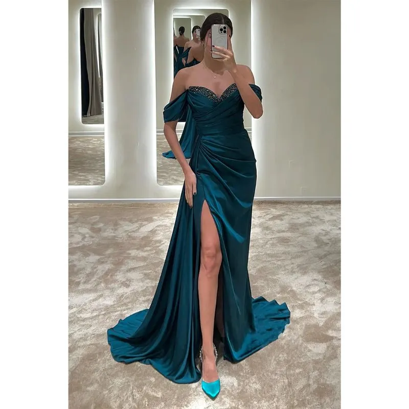 Chic Off-shoulder Beaded Pleats High Split Long Formal Evening Dress