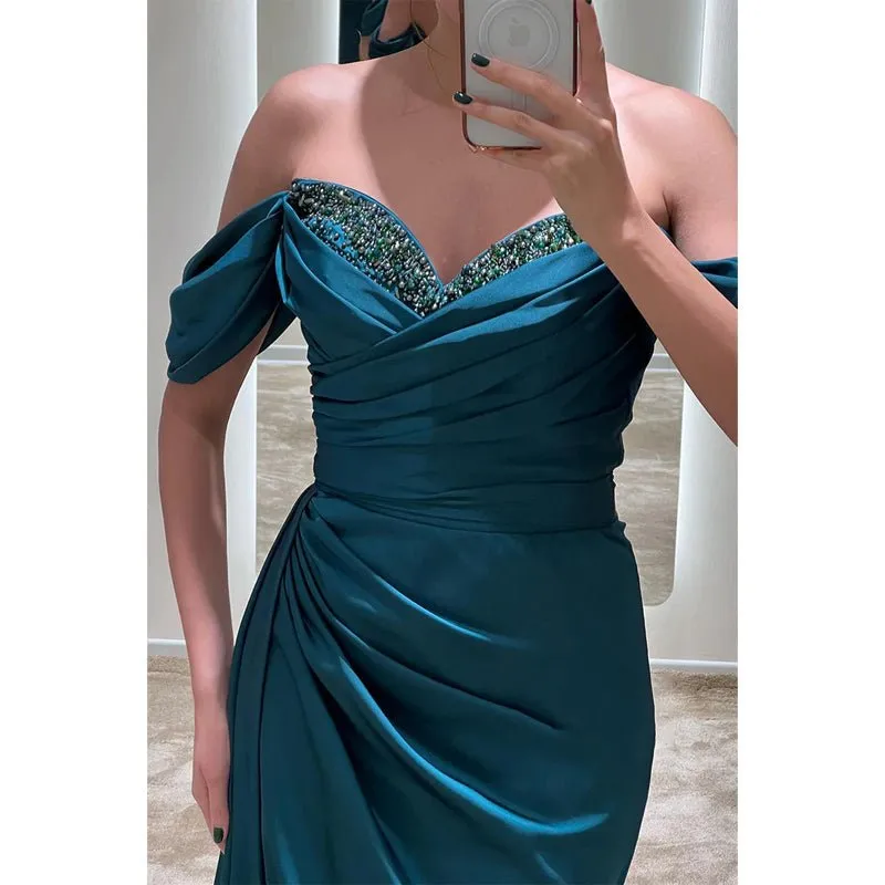 Chic Off-shoulder Beaded Pleats High Split Long Formal Evening Dress