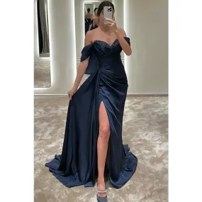Chic Off-shoulder Beaded Pleats High Split Long Formal Evening Dress