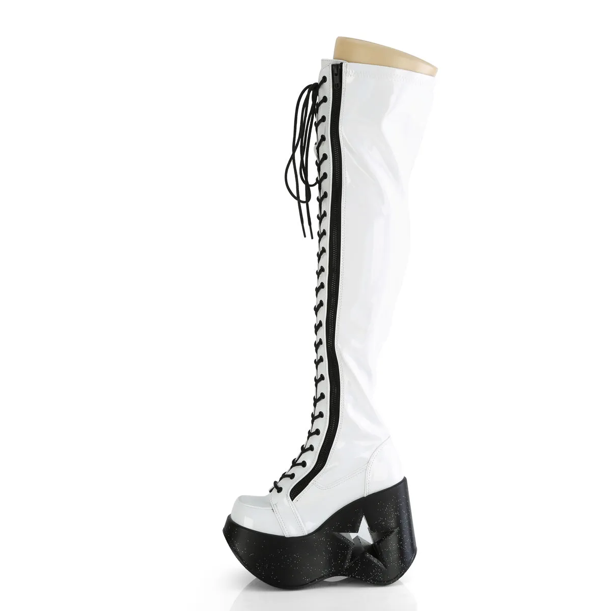 DYNAMITE-300 DemoniaCult White Stretch Holo Sexy Women's Over-the-Knee Boots (Alternative Footwear)