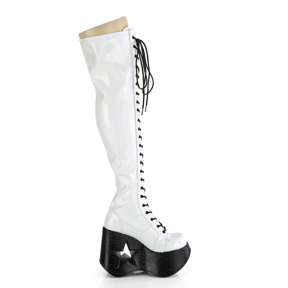 DYNAMITE-300 DemoniaCult White Stretch Holo Sexy Women's Over-the-Knee Boots (Alternative Footwear)