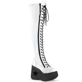 DYNAMITE-300 DemoniaCult White Stretch Holo Sexy Women's Over-the-Knee Boots (Alternative Footwear)