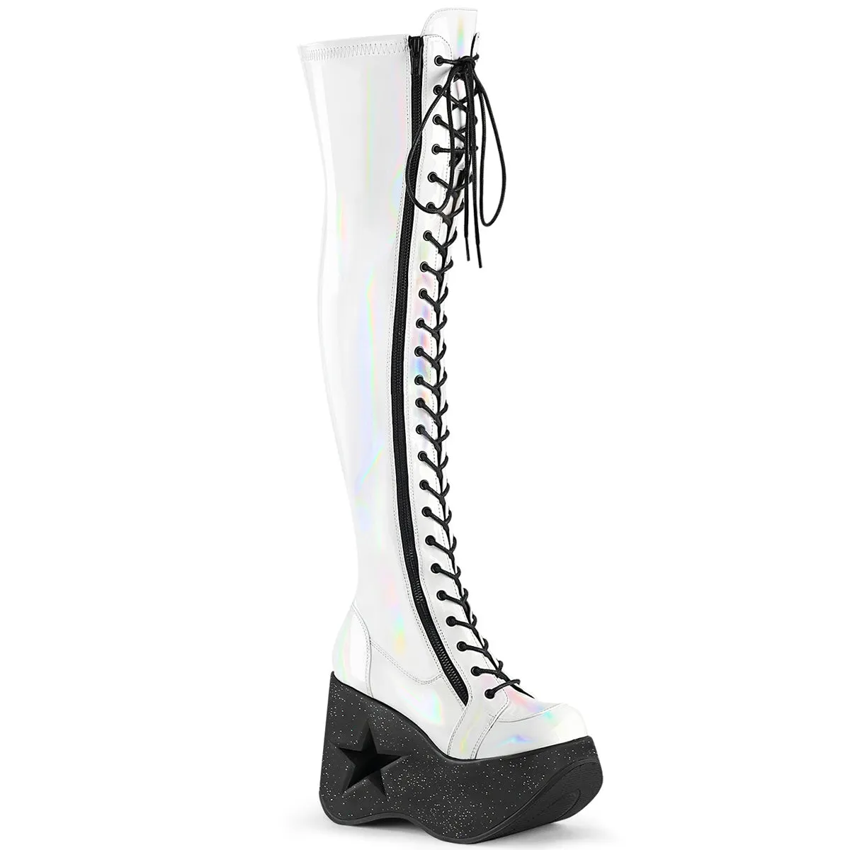 DYNAMITE-300 DemoniaCult White Stretch Holo Sexy Women's Over-the-Knee Boots (Alternative Footwear)