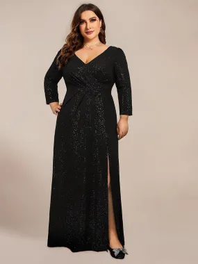 ExquisitePlus Size Split Floor Length V Neck Long Sleeves Wholesale Evening Dress
