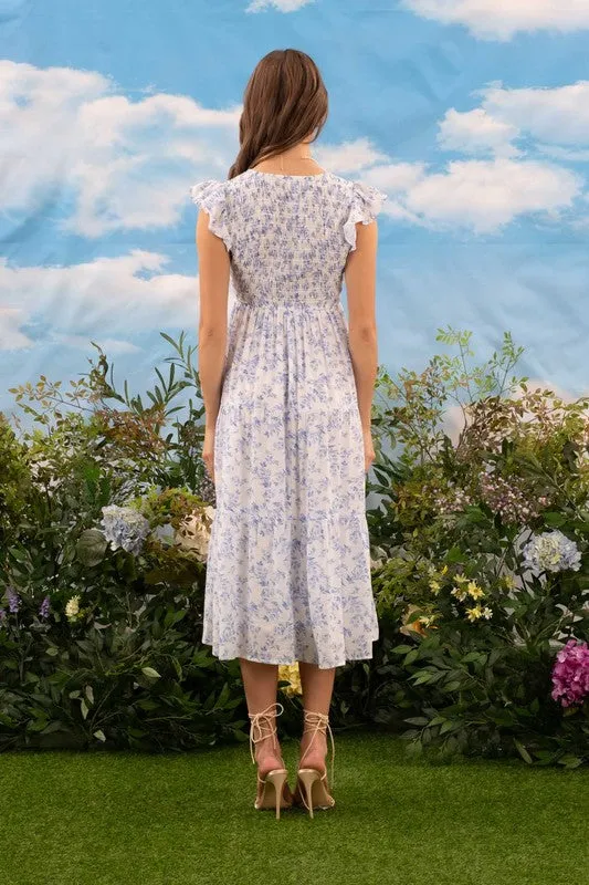 FLORAL V NECK SMOCKED SHORT SLEEVE MIDI DRESS