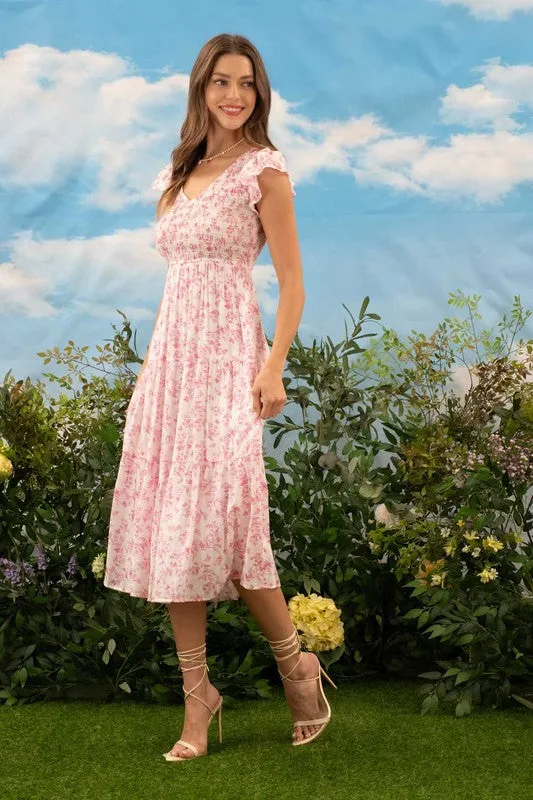 FLORAL V NECK SMOCKED SHORT SLEEVE MIDI DRESS