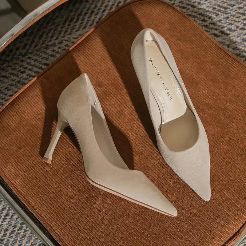 High heeled shoes Small heeled suede Fashion high heels Single shoes