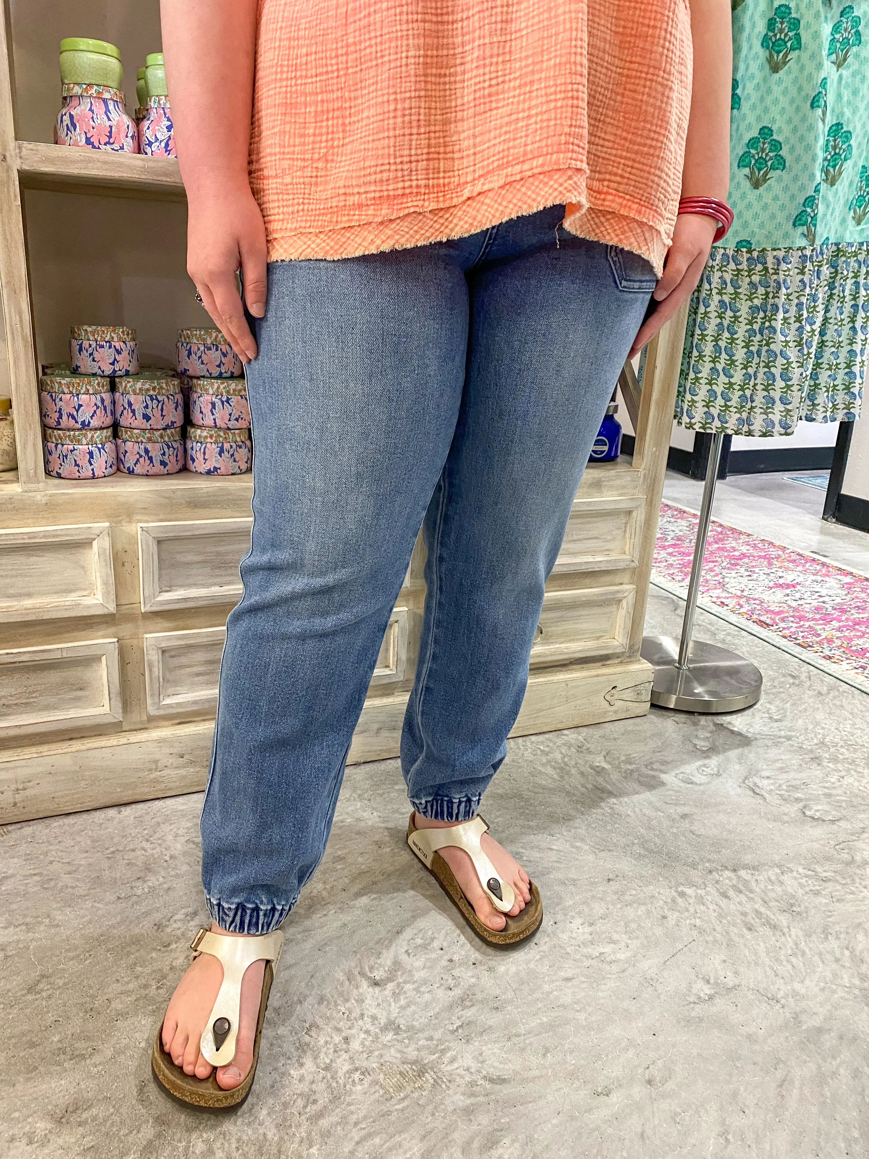 High Waisted Denim Joggers Med Blue