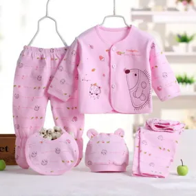 JEFFENLY 5PCS Newborn Baby Boys Girls Layette Set Cotton Sleepwear Tops Hat Pants Bib Suit Outfit Clothes Sets for 0-3M,PinkPink,