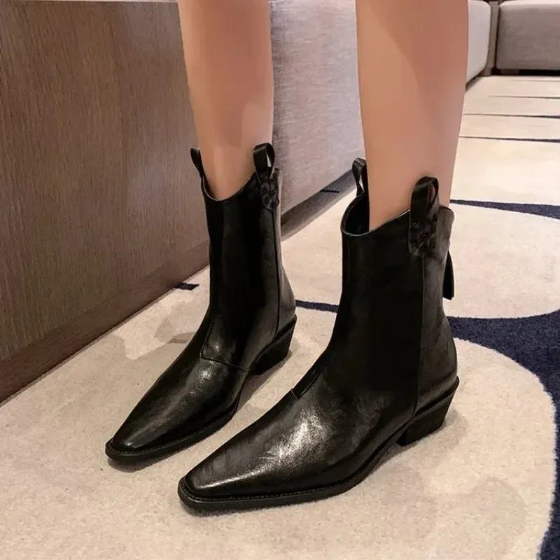 Joskaa 2024 Autumn/winter Women Boots Genuine Leather Western  Women Shoes Pointed Toe Chunky Heel Chelsea Boots Retro Ankle Boots