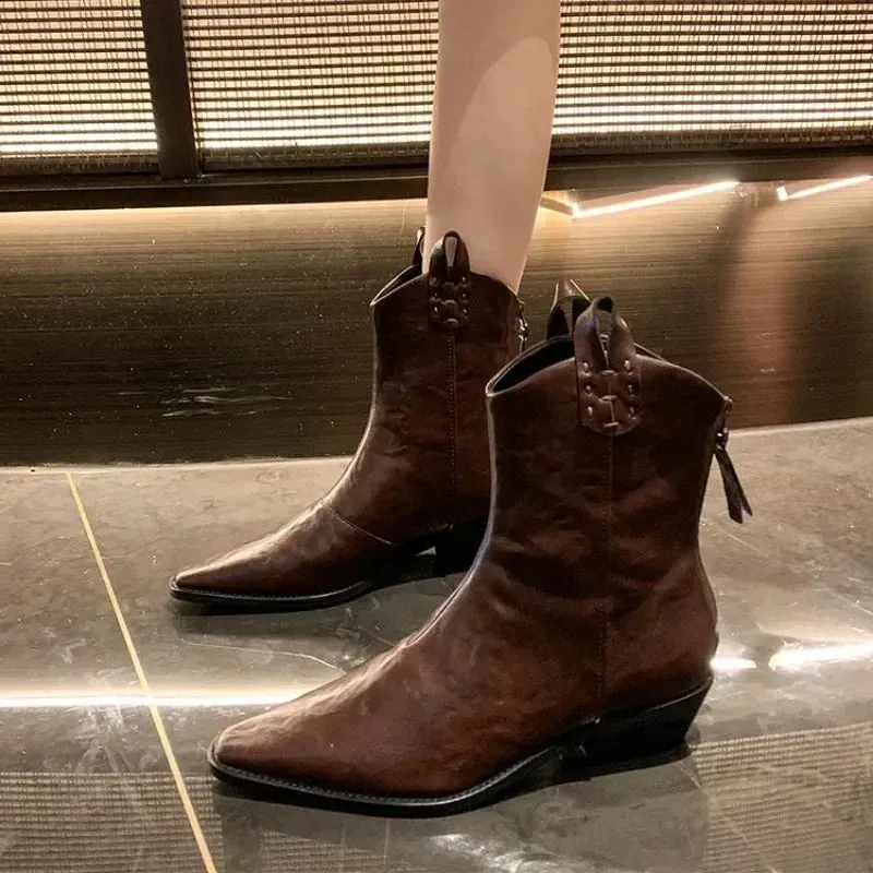 Joskaa 2024 Autumn/winter Women Boots Genuine Leather Western  Women Shoes Pointed Toe Chunky Heel Chelsea Boots Retro Ankle Boots