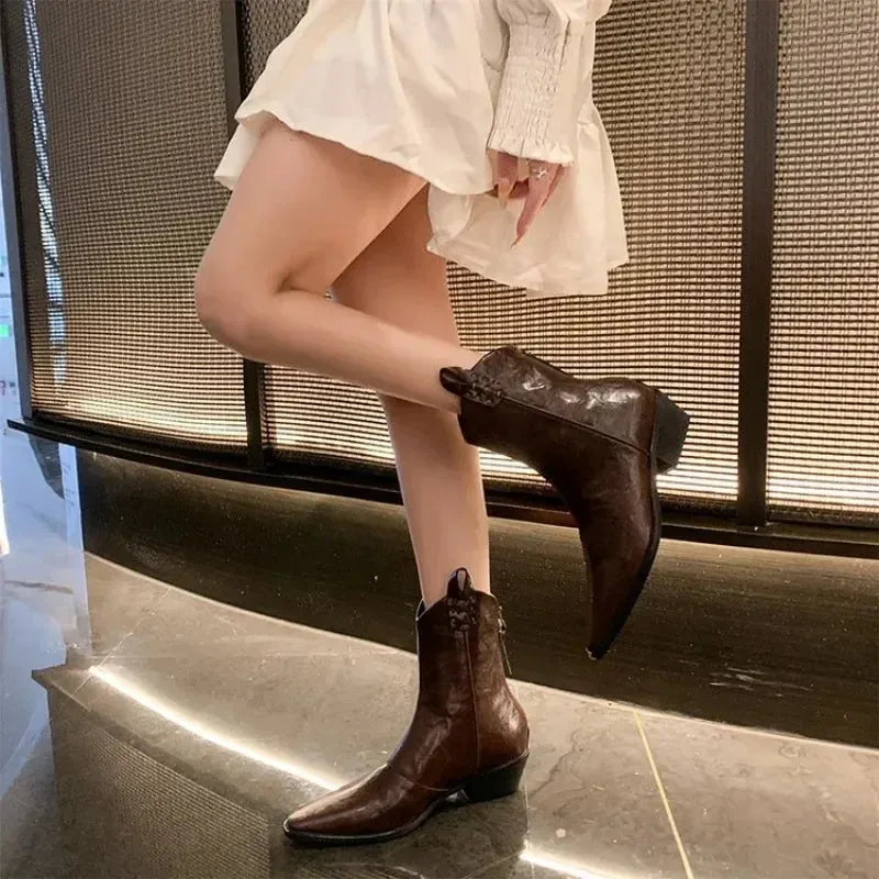 Joskaa 2024 Autumn/winter Women Boots Genuine Leather Western  Women Shoes Pointed Toe Chunky Heel Chelsea Boots Retro Ankle Boots