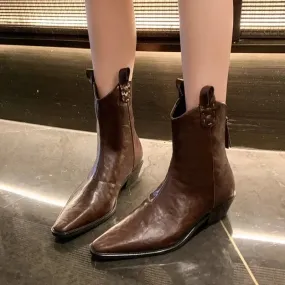 Joskaa 2024 Autumn/winter Women Boots Genuine Leather Western  Women Shoes Pointed Toe Chunky Heel Chelsea Boots Retro Ankle Boots