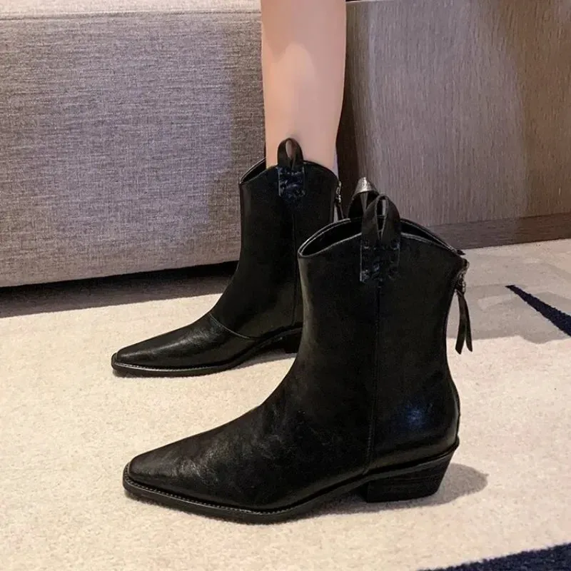 Joskaa 2024 Autumn/winter Women Boots Genuine Leather Western  Women Shoes Pointed Toe Chunky Heel Chelsea Boots Retro Ankle Boots