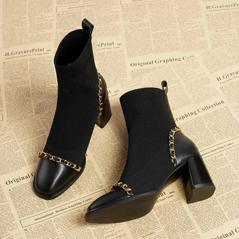 Joskaa 2024 Hot Sale Shoes for Women Slip on Women's Boots Winter Square Toe Solid Plush Warm Short Barrel Mid Heel Fashion Naked Boots