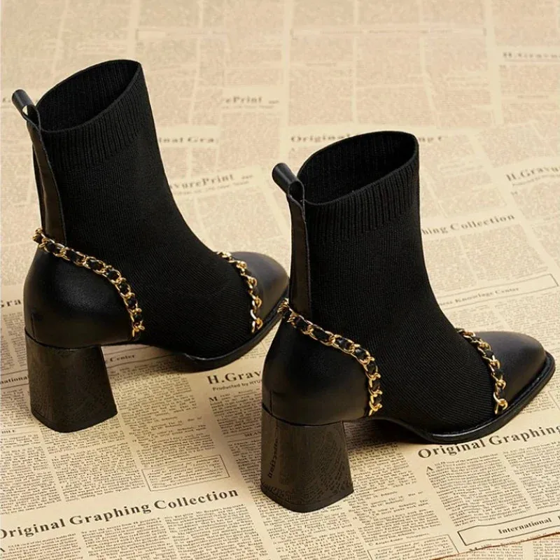 Joskaa 2024 Hot Sale Shoes for Women Slip on Women's Boots Winter Square Toe Solid Plush Warm Short Barrel Mid Heel Fashion Naked Boots