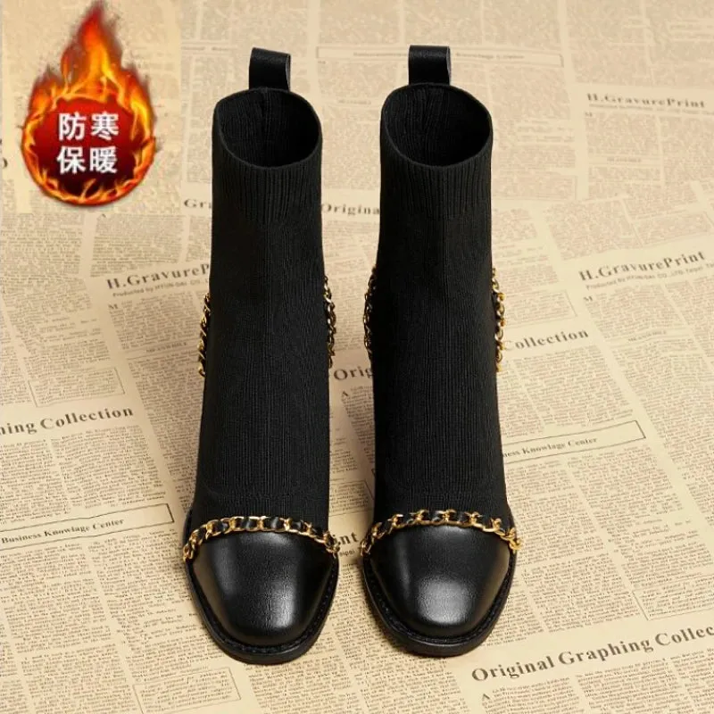 Joskaa 2024 Hot Sale Shoes for Women Slip on Women's Boots Winter Square Toe Solid Plush Warm Short Barrel Mid Heel Fashion Naked Boots