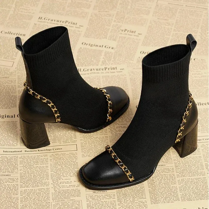 Joskaa 2024 Hot Sale Shoes for Women Slip on Women's Boots Winter Square Toe Solid Plush Warm Short Barrel Mid Heel Fashion Naked Boots