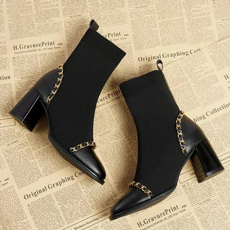 Joskaa 2024 Hot Sale Shoes for Women Slip on Women's Boots Winter Square Toe Solid Plush Warm Short Barrel Mid Heel Fashion Naked Boots