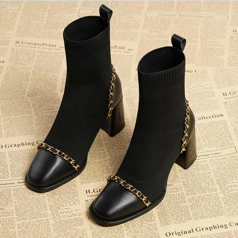 Joskaa 2024 Hot Sale Shoes for Women Slip on Women's Boots Winter Square Toe Solid Plush Warm Short Barrel Mid Heel Fashion Naked Boots
