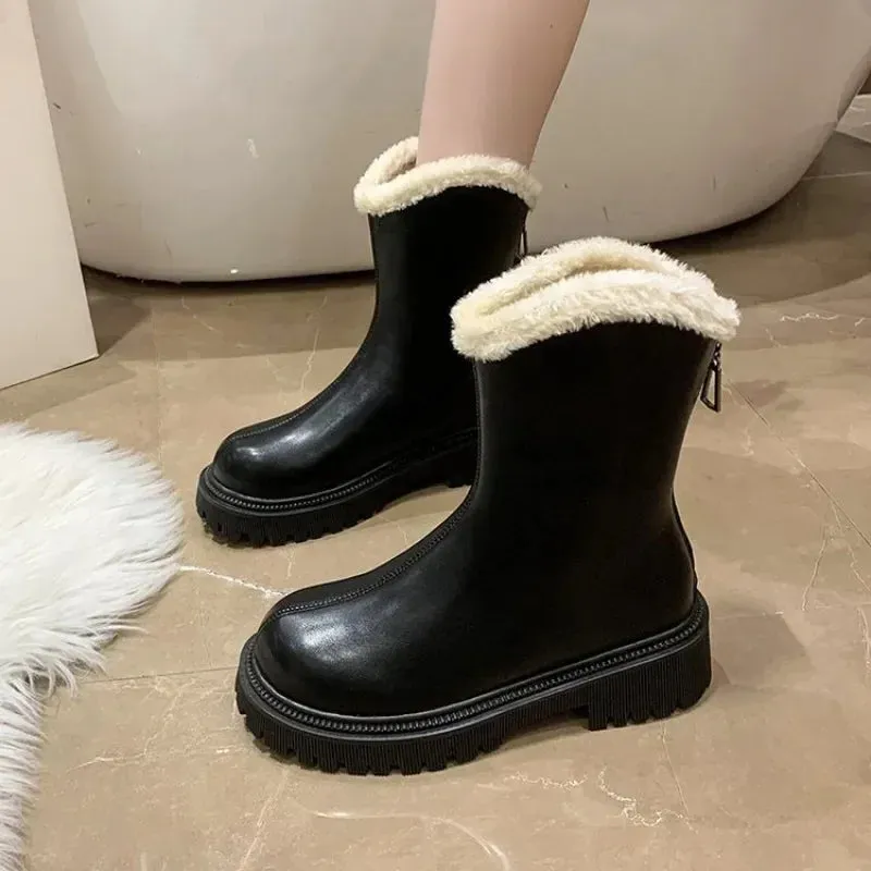 Joskaa 2024 New Winter Warm Fleece-lined Thickened Snow Boots Women's Cotton Ankle Boots Thick Soles for Warmth Comfort
