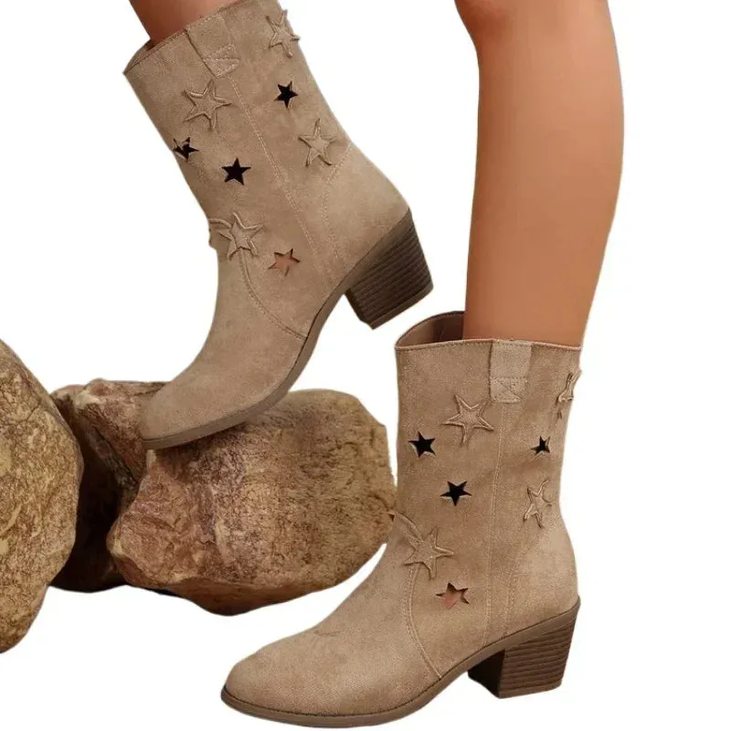 Joskaa 2024 Women's Summer Retro Round Toe Chunky Heels Vegan Suede Western Boots with Hollow Design and Rivets Cowboy Boots Shoes