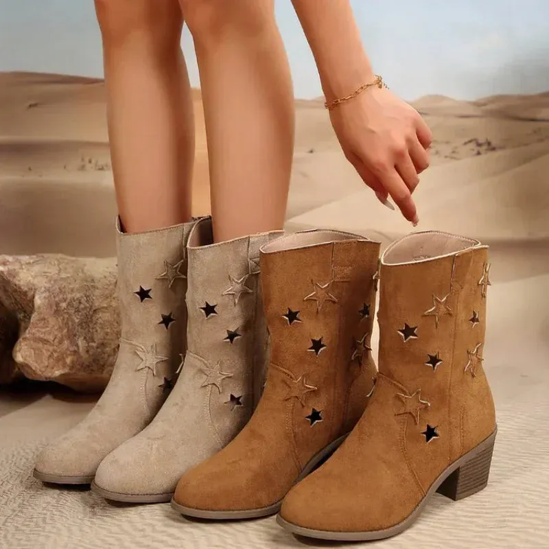 Joskaa 2024 Women's Summer Retro Round Toe Chunky Heels Vegan Suede Western Boots with Hollow Design and Rivets Cowboy Boots Shoes